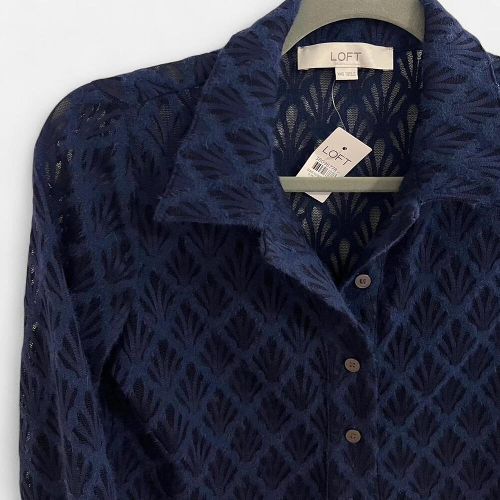 LOFT Textured Navy Sheer/Lace Button-Up Top - Picture 2 of 8